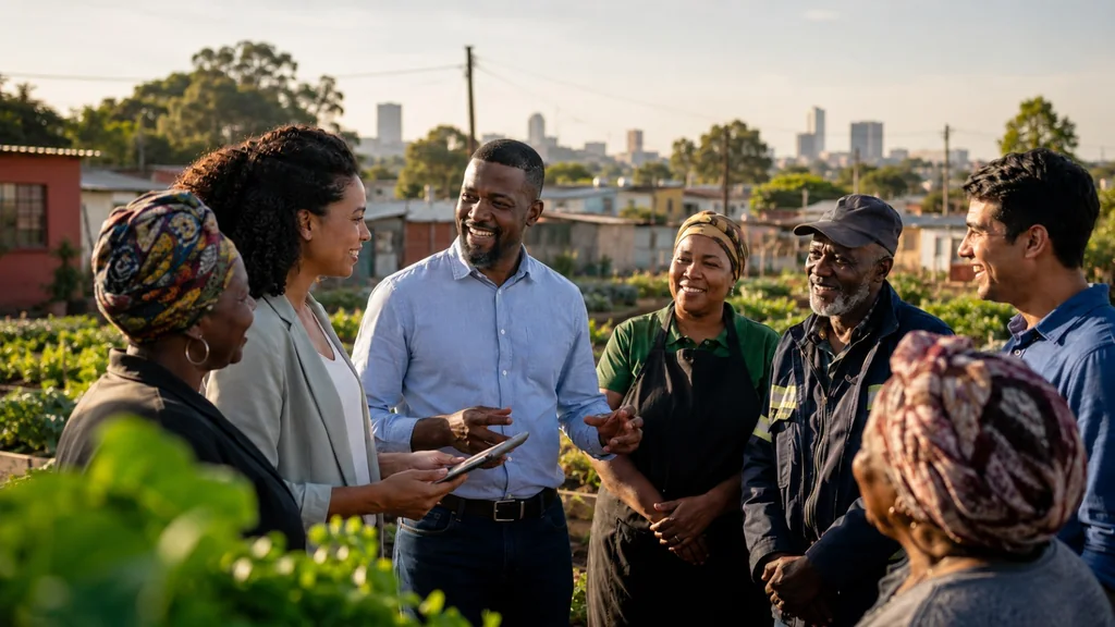 Community members and facilitators talking together at a community food garden on the edge of a South African city