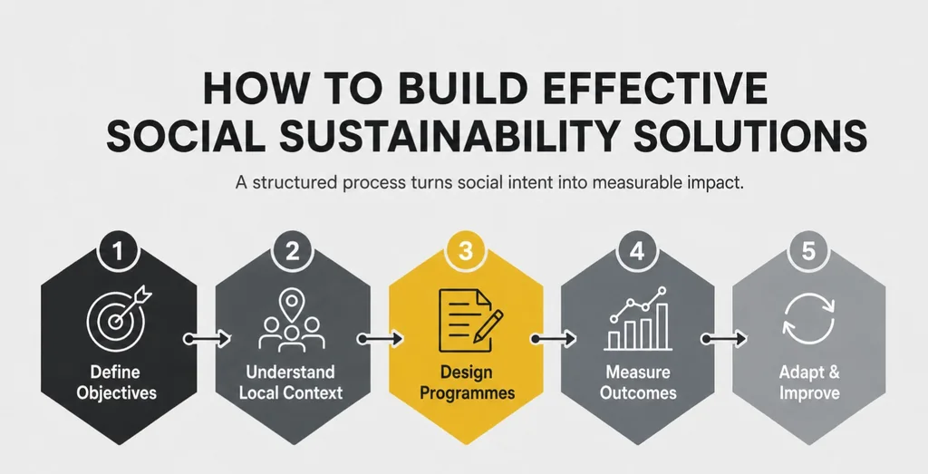Five step process for building social sustainability solutions: define objectives, understand local context, design programmes, measure outcomes, adapt and improve